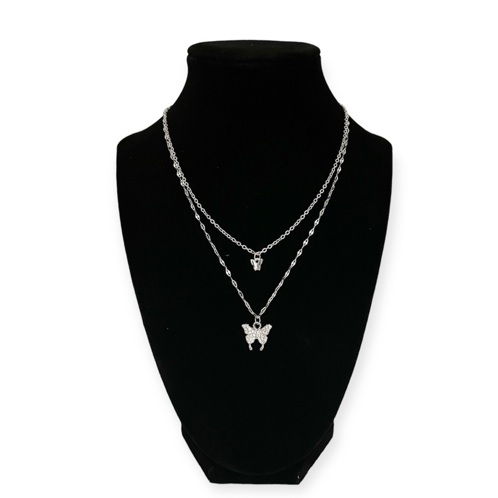 Sterling Silver Butterfly Double Layer Necklace with 10-Inch Chain Dual Pendant